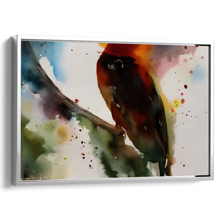 Whimsical Avian Symphony: Expressive Watercolor Bird on Branch Canvas Art Print