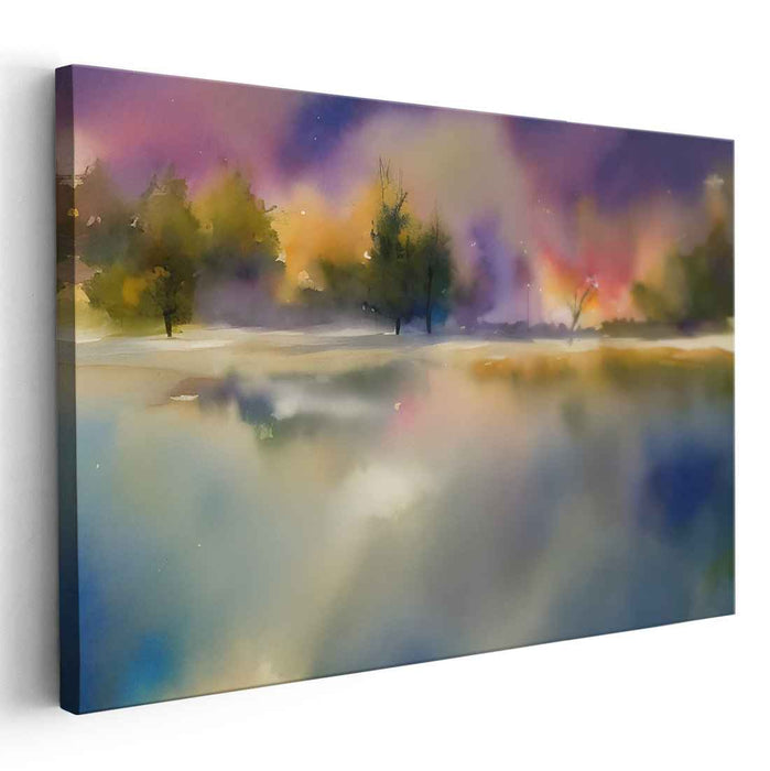 Mystic Lakeside Dawn: Watercolor Reflections of Serene Landscape