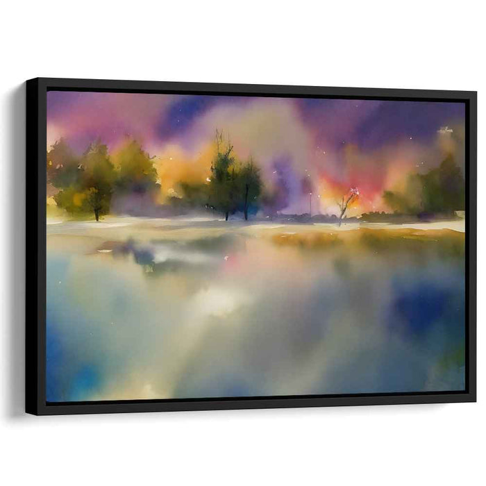 Mystic Lakeside Dawn: Watercolor Reflections of Serene Landscape