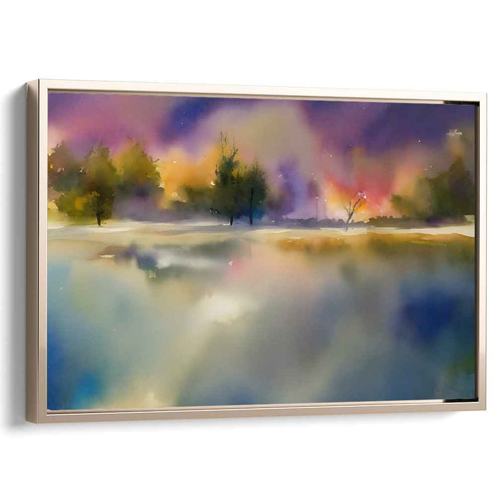 Mystic Lakeside Dawn: Watercolor Reflections of Serene Landscape