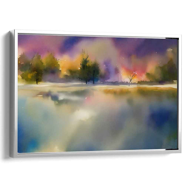 Mystic Lakeside Dawn: Watercolor Reflections of Serene Landscape
