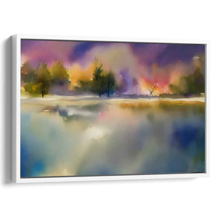 Mystic Lakeside Dawn: Watercolor Reflections of Serene Landscape