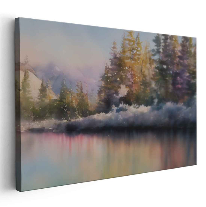 Misty Woodland Serenade: Impressionist Lakeside Forest Canvas Art Print