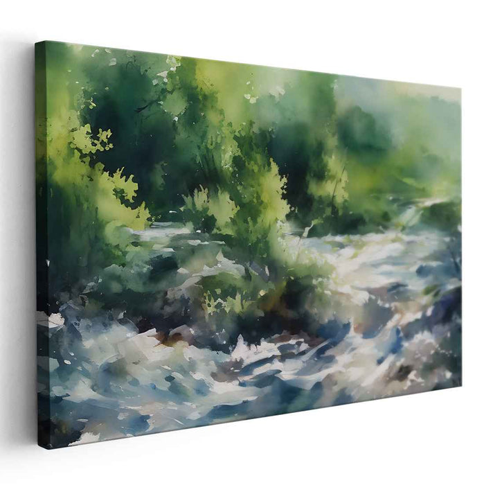 Rippling Woods Mirage: Impressionist River and Forest Landscape Canvas Art Print