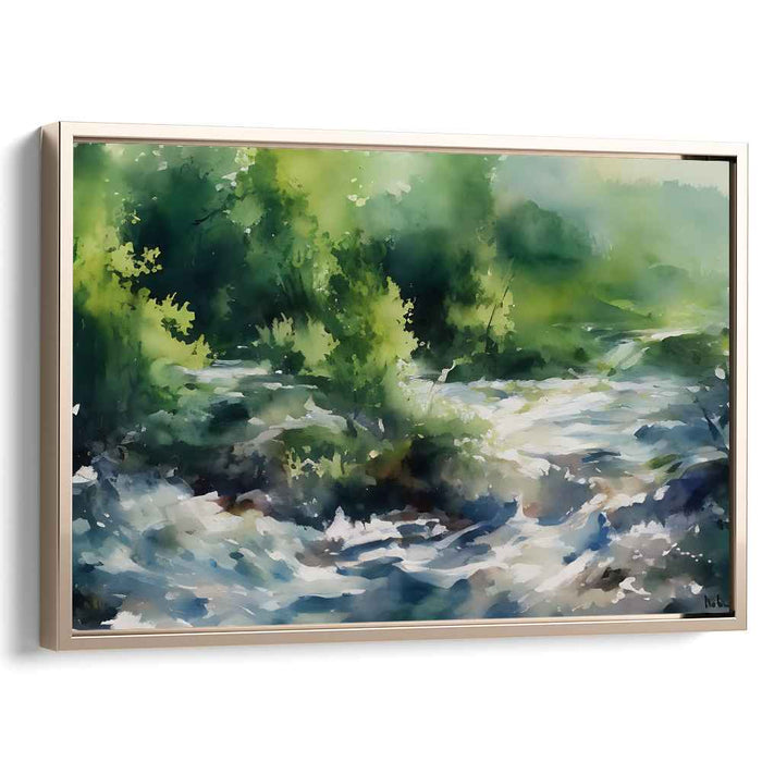 Rippling Woods Mirage: Impressionist River and Forest Landscape Canvas Art Print