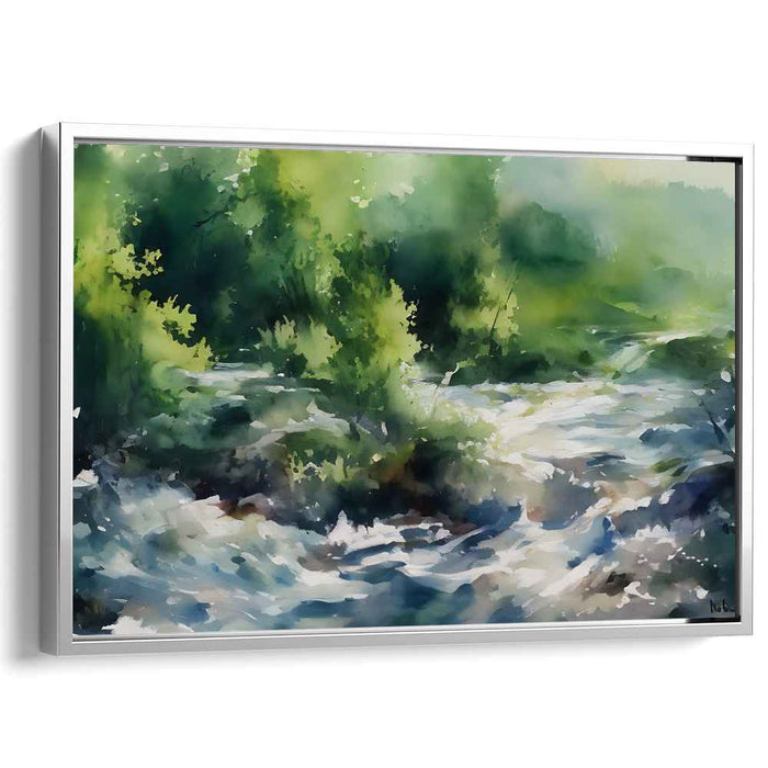 Rippling Woods Mirage: Impressionist River and Forest Landscape Canvas Art Print