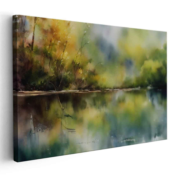 Misty Watercolor Reflections: Serene Lake and Autumn Trees Art Print