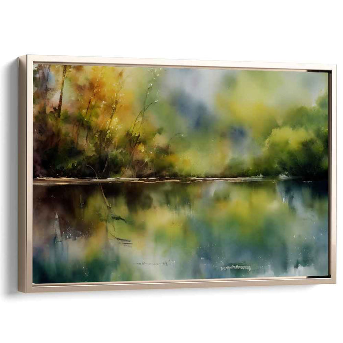Misty Watercolor Reflections: Serene Lake and Autumn Trees Art Print
