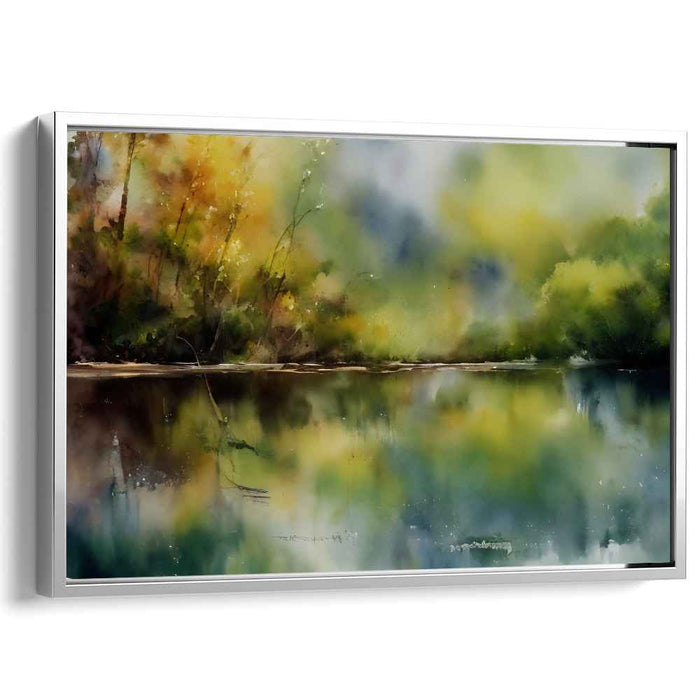 Misty Watercolor Reflections: Serene Lake and Autumn Trees Art Print