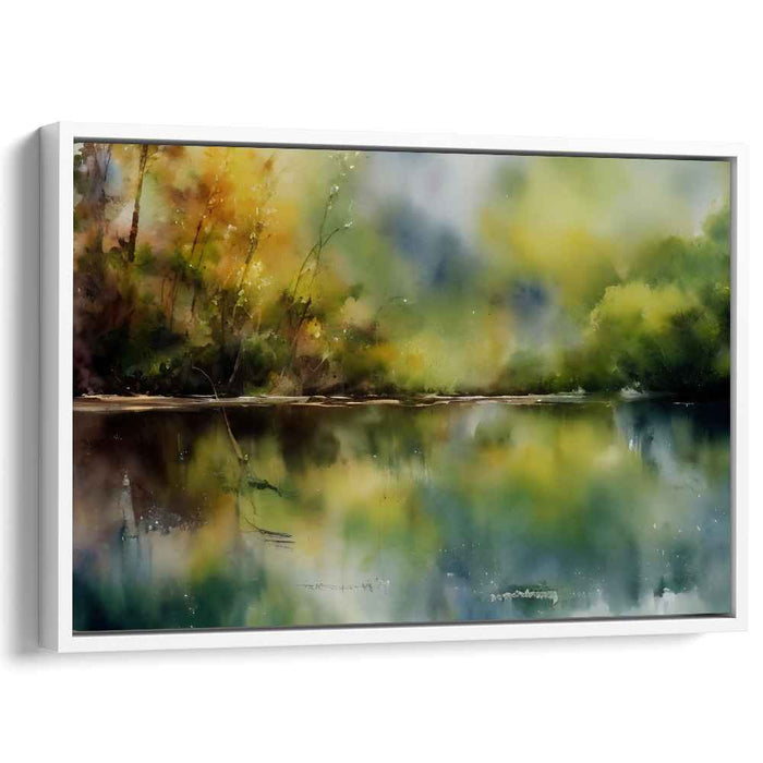 Misty Watercolor Reflections: Serene Lake and Autumn Trees Art Print