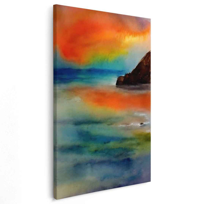 Spectral Reflections Dance Across Waves: Watercolor Seascape with Vibrant Hues