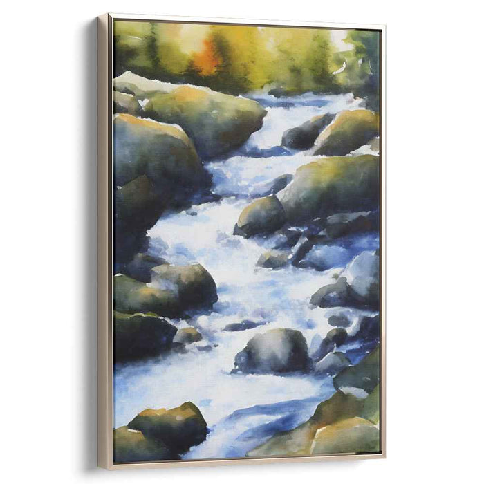 Pebbled Flow: Watercolor Stream and Rocks Landscape Canvas Art Print