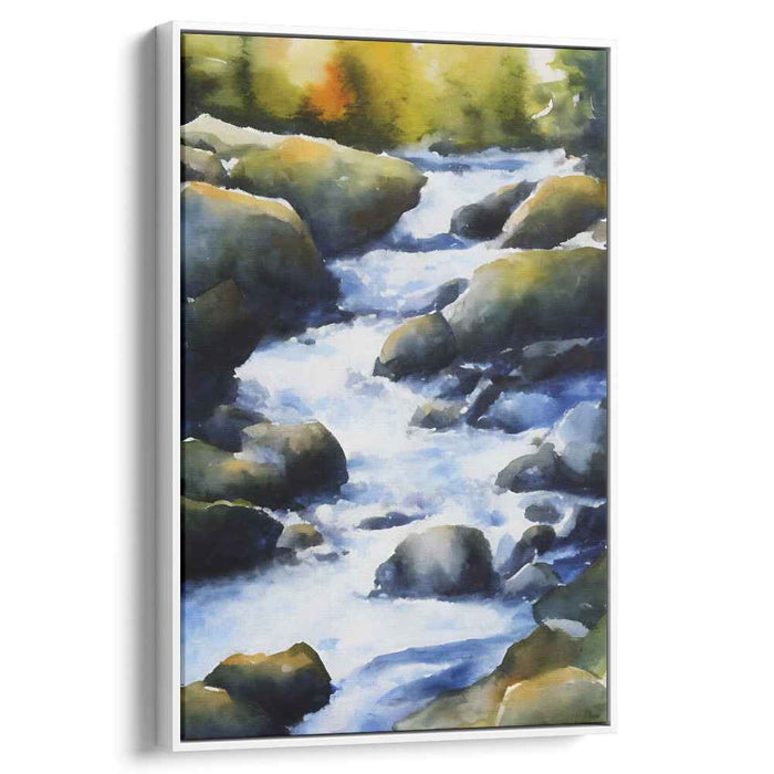 Pebbled Flow: Watercolor Stream and Rocks Landscape Canvas Art Print