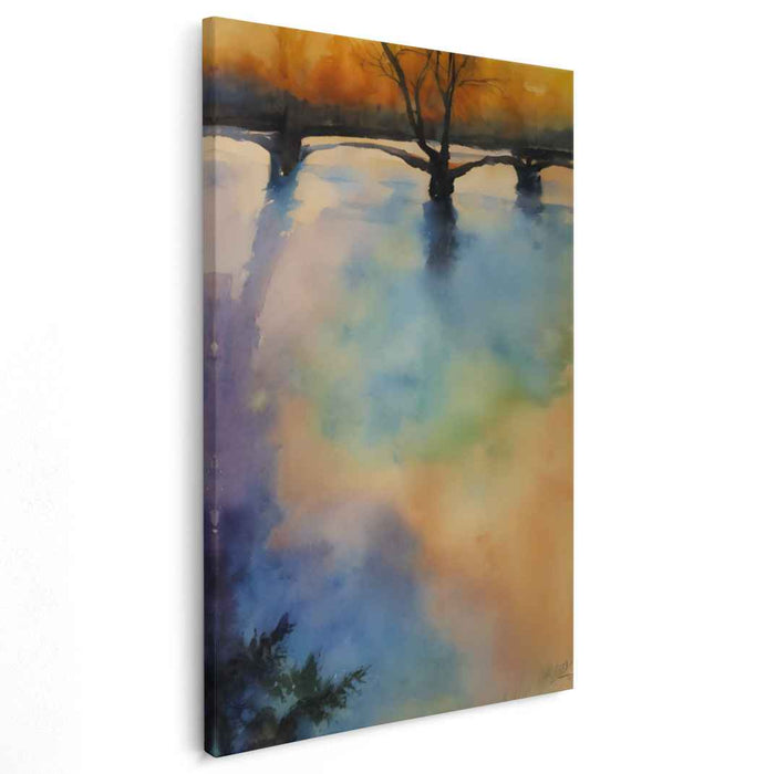 Aqueous Passage: Watercolor Bridge and River Canvas Art