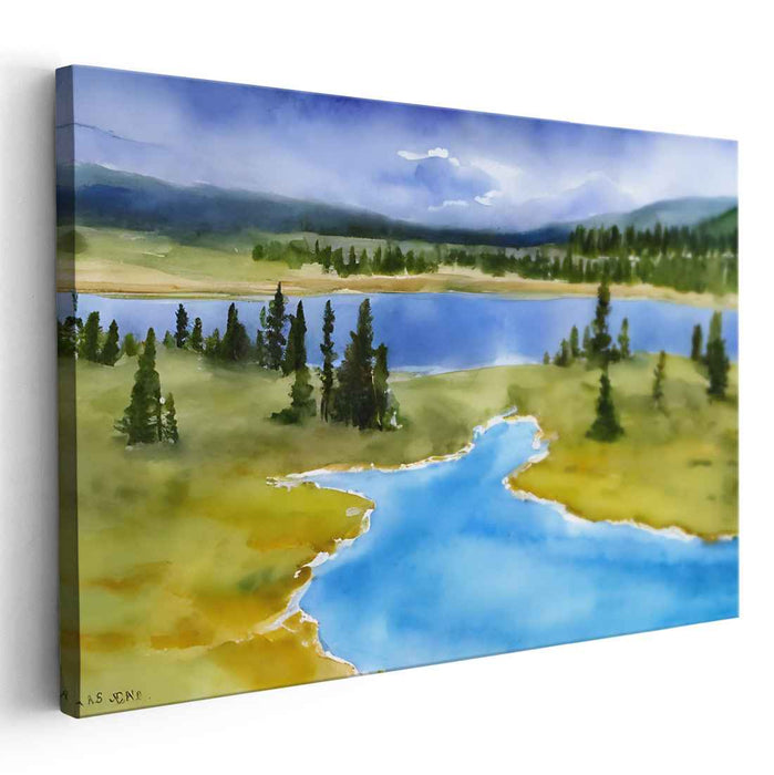 Emerald Canopy Tranquility: Watercolor Landscape of Pristine Lakes and Lush Forests