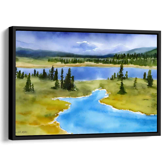 Emerald Canopy Tranquility: Watercolor Landscape of Pristine Lakes and Lush Forests