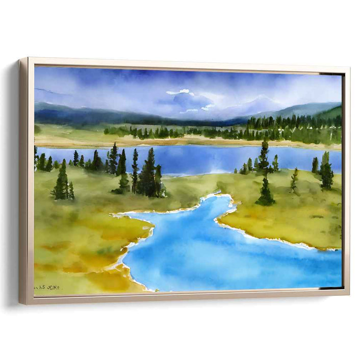 Emerald Canopy Tranquility: Watercolor Landscape of Pristine Lakes and Lush Forests