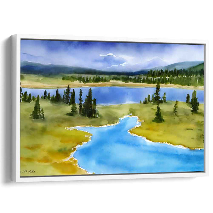 Emerald Canopy Tranquility: Watercolor Landscape of Pristine Lakes and Lush Forests