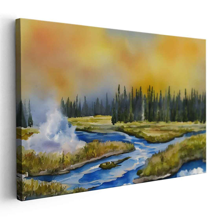 Dawn's Watercolor Trek: Watercolor Wilderness at Dawn Canvas Art