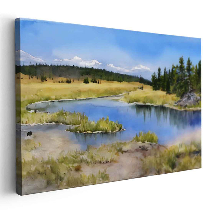 Calm Riverbank View: Serene Countryside River Landscape Painting