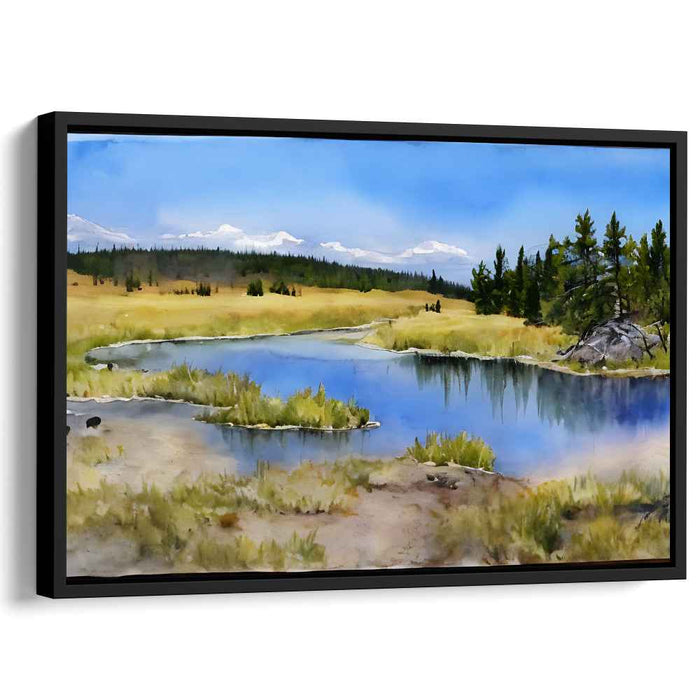 Calm Riverbank View: Serene Countryside River Landscape Painting