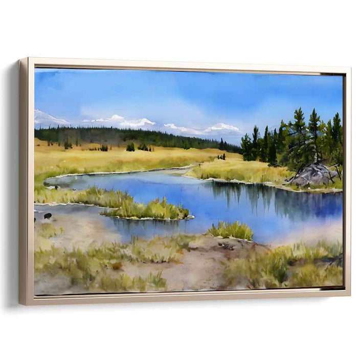 Calm Riverbank View: Serene Countryside River Landscape Painting