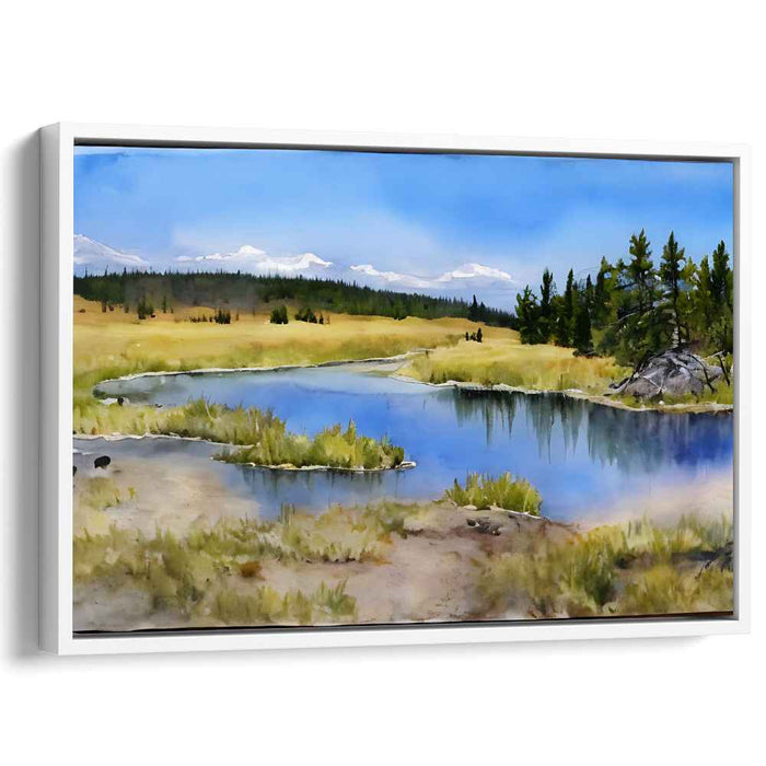 Calm Riverbank View: Serene Countryside River Landscape Painting
