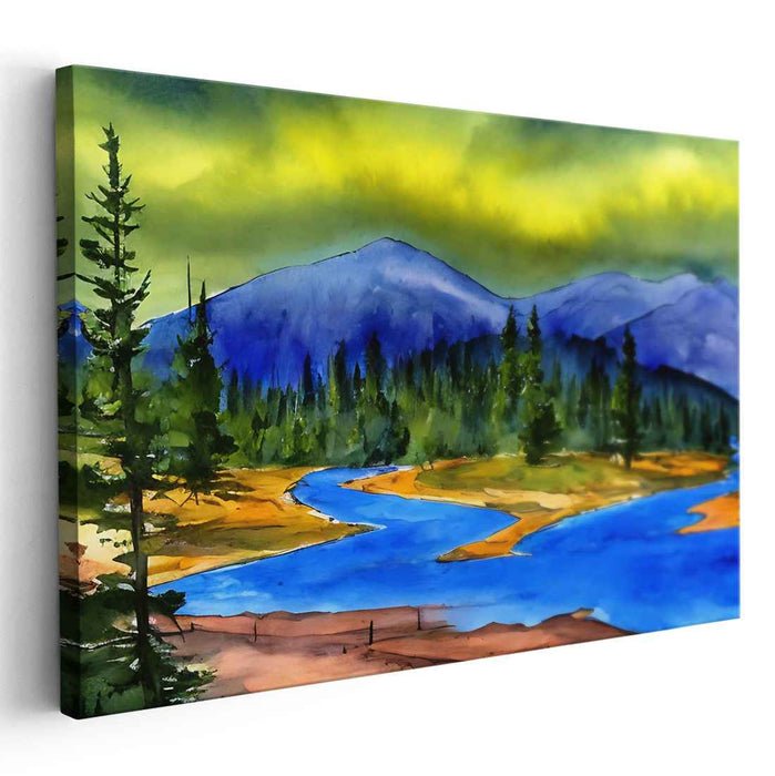 Aqueous Peaks: Watercolor Landscape with River and Mountains