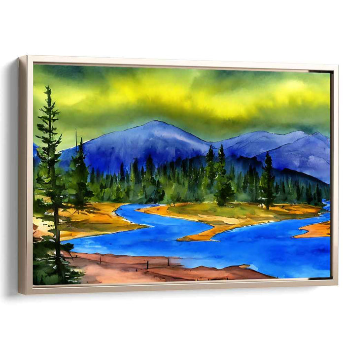 Aqueous Peaks: Watercolor Landscape with River and Mountains