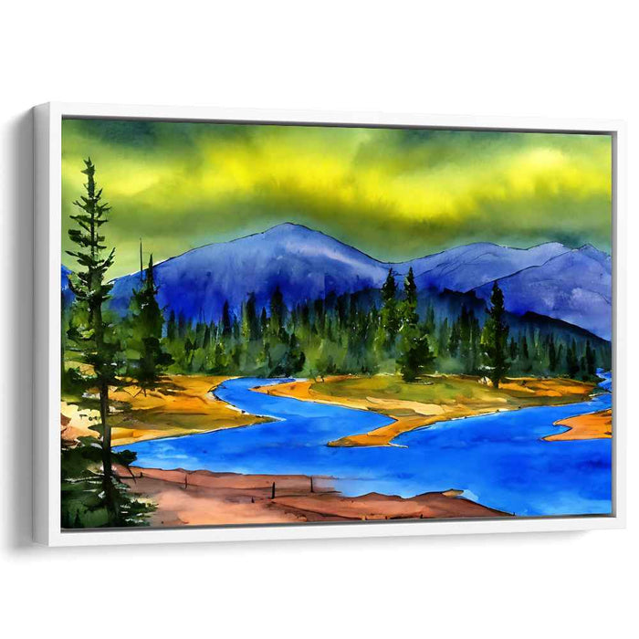 Aqueous Peaks: Watercolor Landscape with River and Mountains