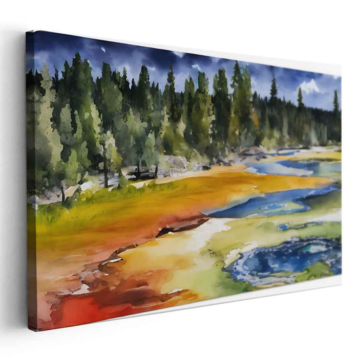Serene Forest Landscape: Tranquil Watercolor Geothermal Springs Canvas Art Print