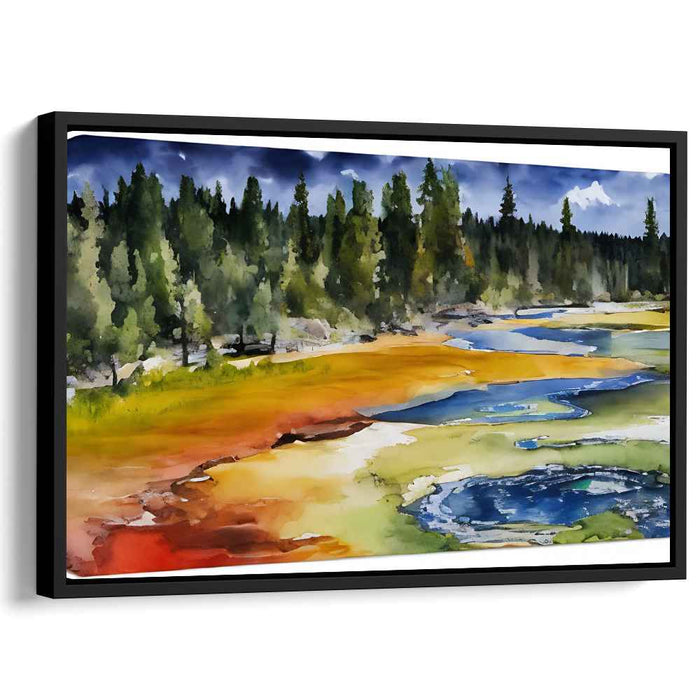 Serene Forest Landscape: Tranquil Watercolor Geothermal Springs Canvas Art Print