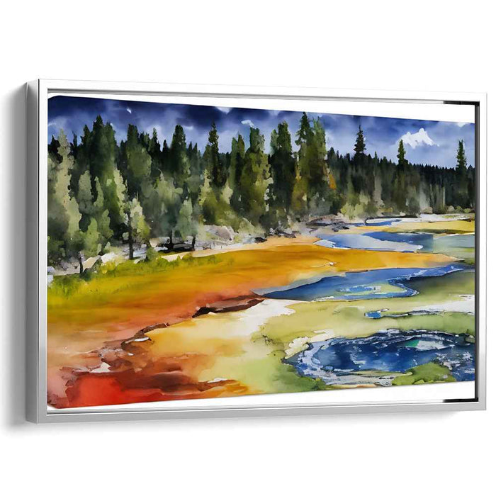 Serene Forest Landscape: Tranquil Watercolor Geothermal Springs Canvas Art Print