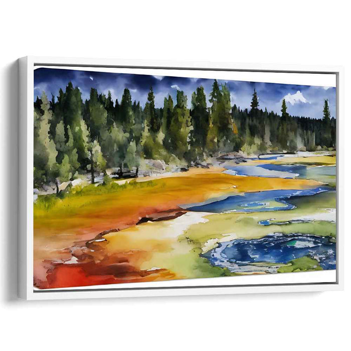 Serene Forest Landscape: Tranquil Watercolor Geothermal Springs Canvas Art Print