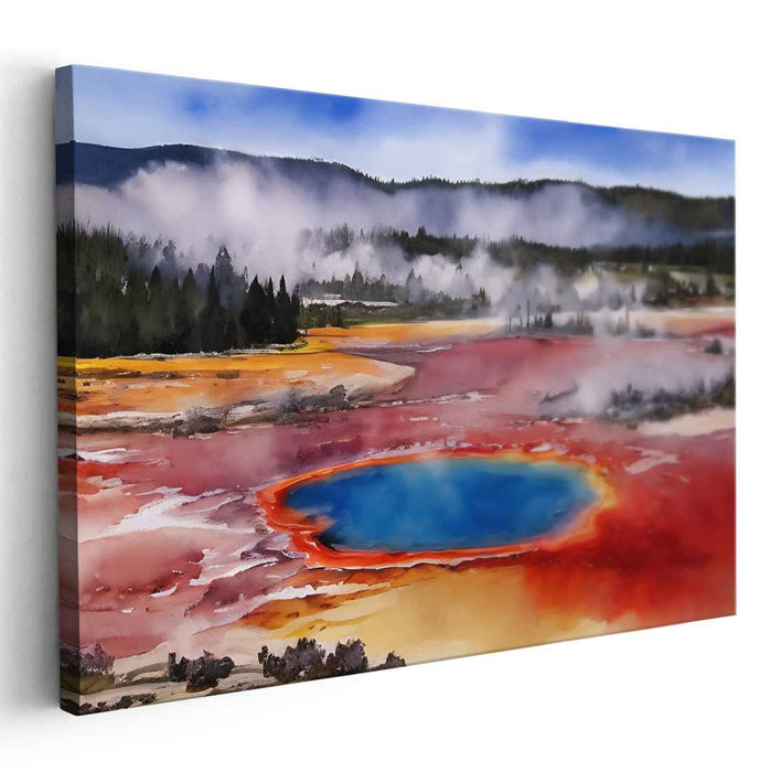 Ethereal Geothermal: Vibrant Watercolor Landscape of a Hot Spring