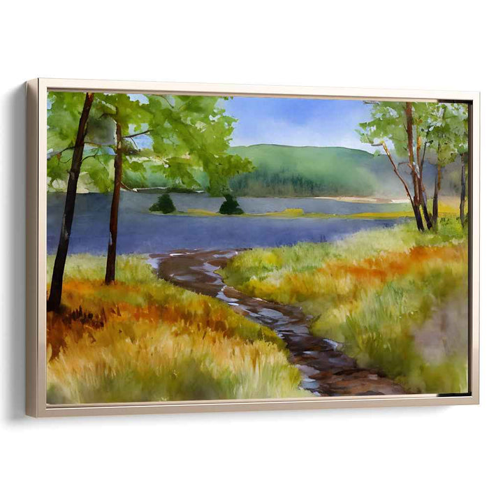 Tranquil Waterside Tones: Serene Lakeside Watercolor Landscape