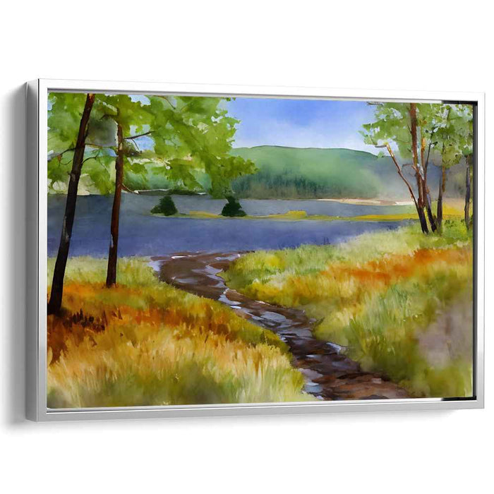 Tranquil Waterside Tones: Serene Lakeside Watercolor Landscape