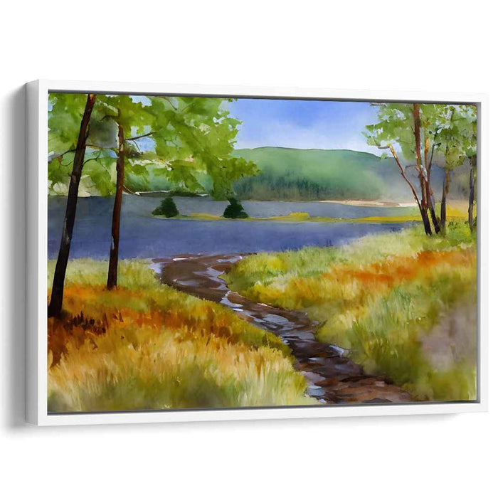 Tranquil Waterside Tones: Serene Lakeside Watercolor Landscape