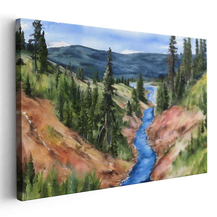 Tranquil Valley Resonance: Serene River Valley Landscape Canvas Art Print