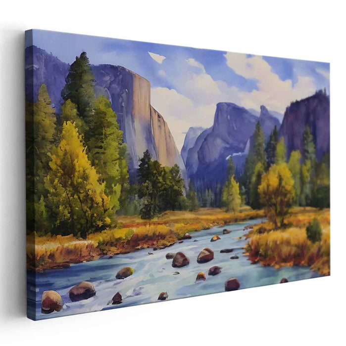 Alpine Vistas: Realistic Mountain Valley Landscape Canvas Art Print
