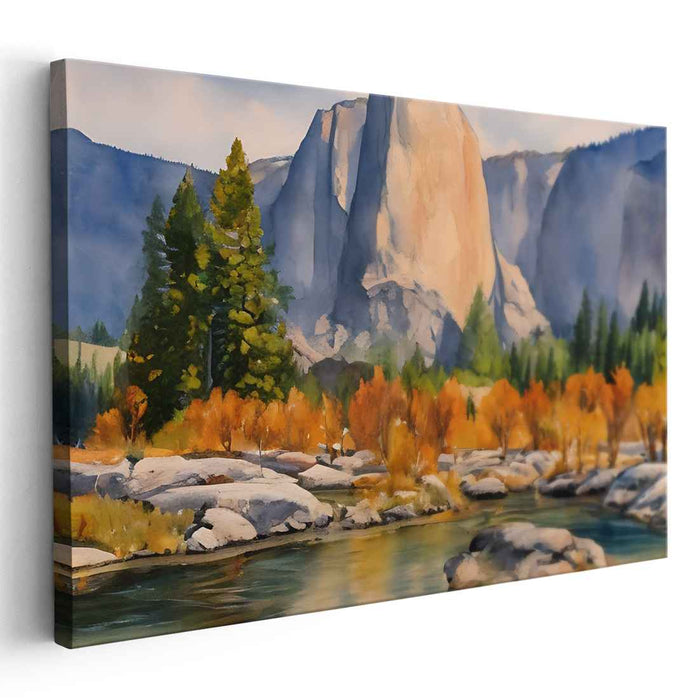 Tranquil Cascades View: Serene Mountain and River Landscape Canvas Art