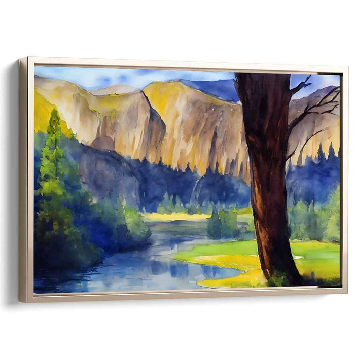 Silent Cascades: Tranquil River and Majestic Peaks Canvas Art