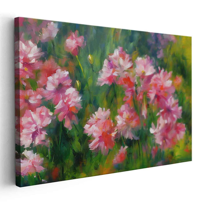 Blossoms Dance in Pastel Harmony: Impressionist Pink Flower Garden Canvas Art Print