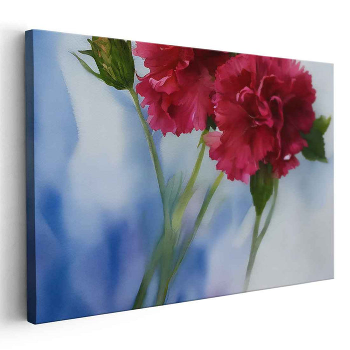Crimson Whispers: Impressionist Red Carnations on Azure Canvas Art Print