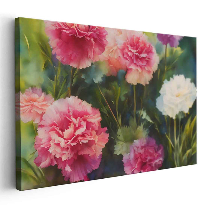 Blossom Symphony in Pastel Hues: Vibrant Carnations Watercolor Canvas Art Print