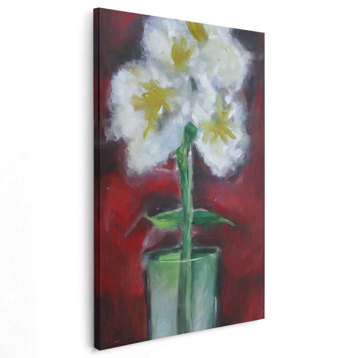 Whispers Of Scarlet Blooms: Impressionistic White Daffodils in Bold Red Canvas Art Print