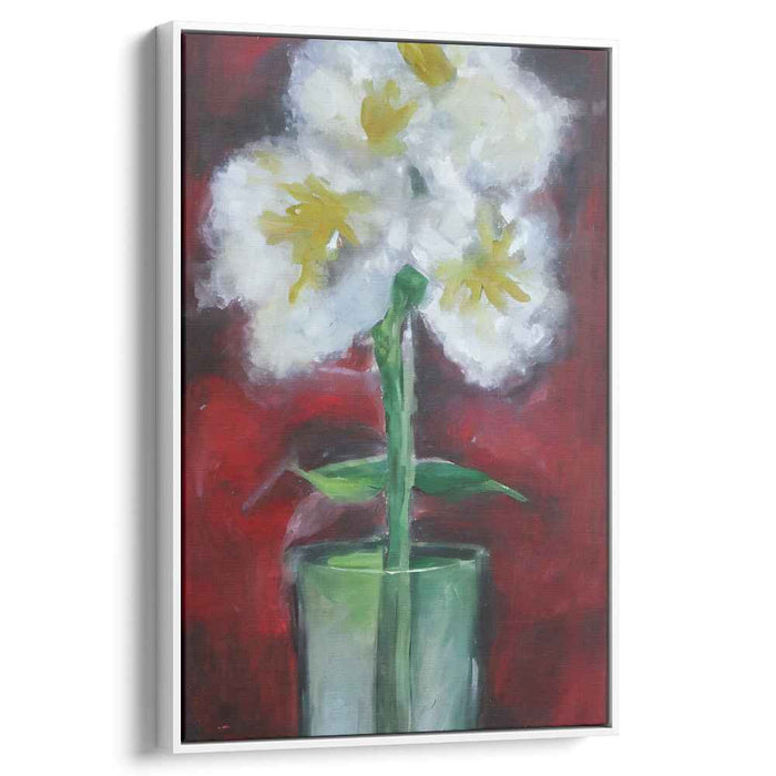 Whispers Of Scarlet Blooms: Impressionistic White Daffodils in Bold Red Canvas Art Print