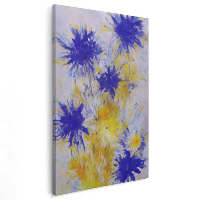 Electric Petal Dance: Energetic Blue and Yellow Abstract Floral Canvas Art