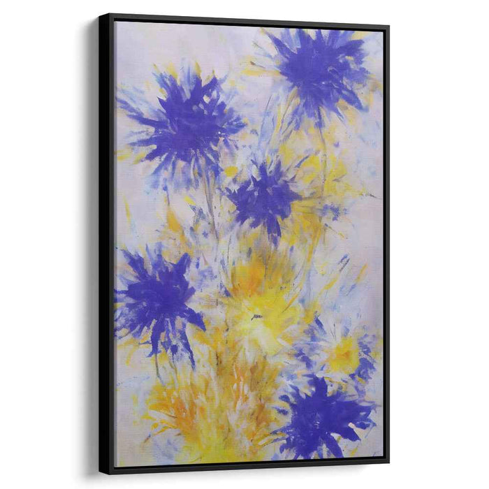 Electric Petal Dance: Energetic Blue and Yellow Abstract Floral Canvas Art