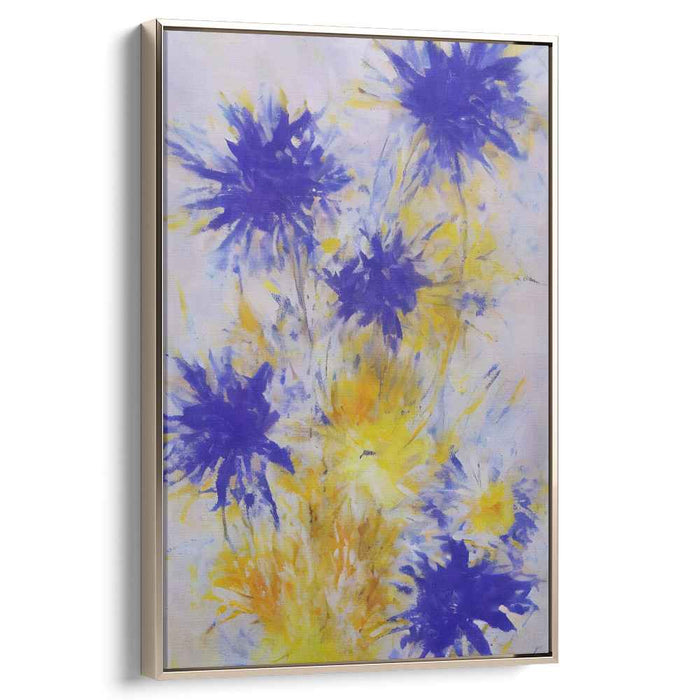 Electric Petal Dance: Energetic Blue and Yellow Abstract Floral Canvas Art